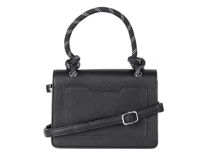 Bolso de mano negro con textura rugosa y asas decorativas de cuerda trenzada en blanco y negro.