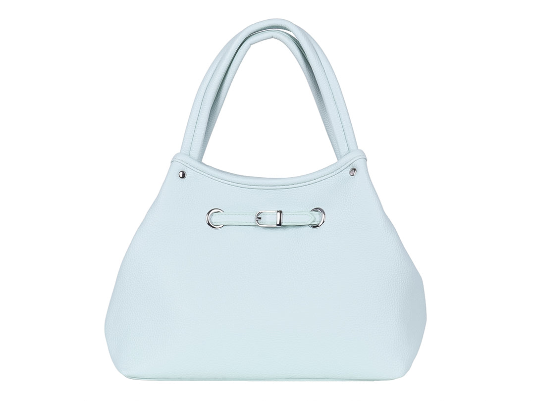 Bolsa de hombro Unibella en color azul pastel con asas dobles y detalles metálicos plateados.