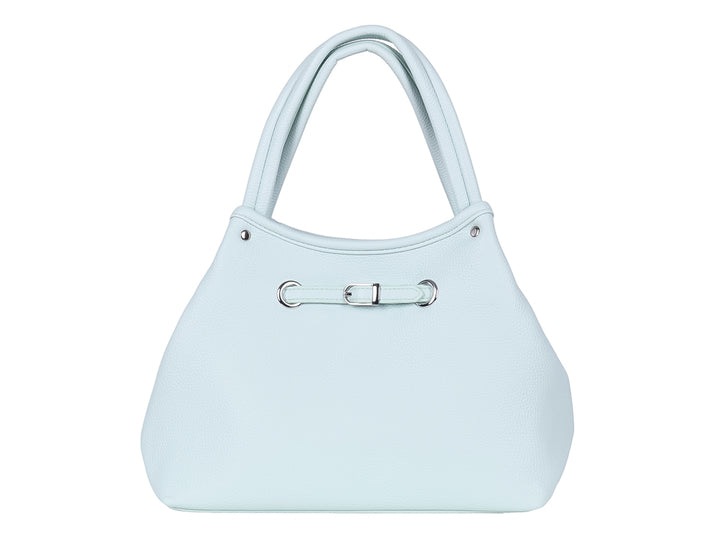 Bolsa de hombro Unibella en color azul pastel con asas dobles y detalles metálicos plateados.