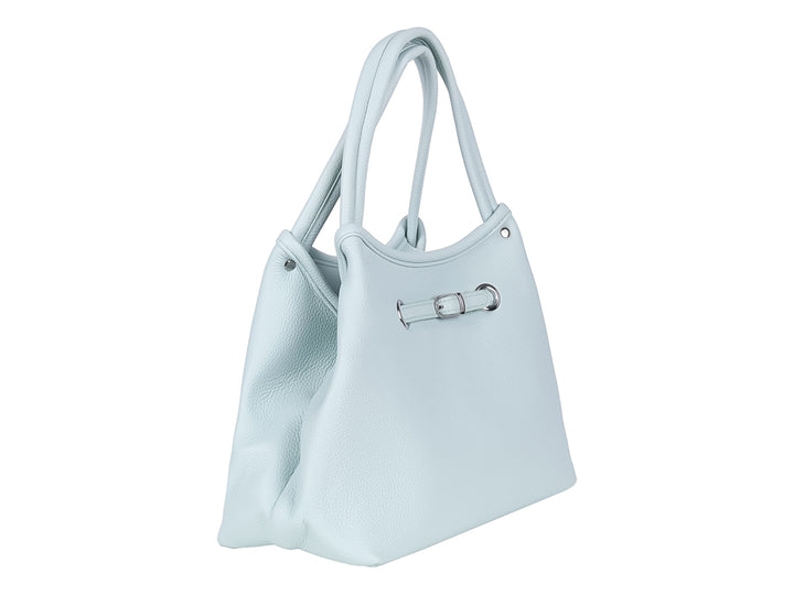 Bolsa de hombro Unibella en color azul pastel con asas dobles y detalles metálicos plateados.