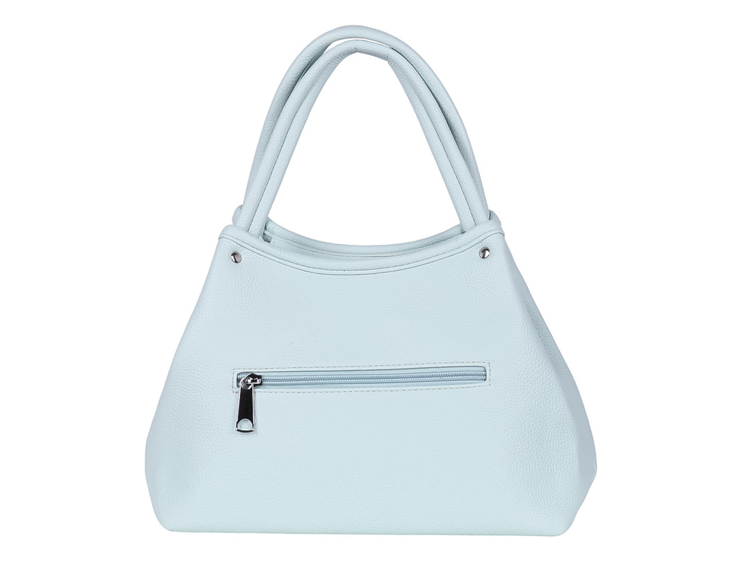 Bolsa de hombro Unibella en color azul pastel con asas dobles y detalles metálicos plateados.