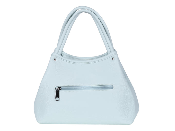Bolsa de hombro Unibella en color azul pastel con asas dobles y detalles metálicos plateados.