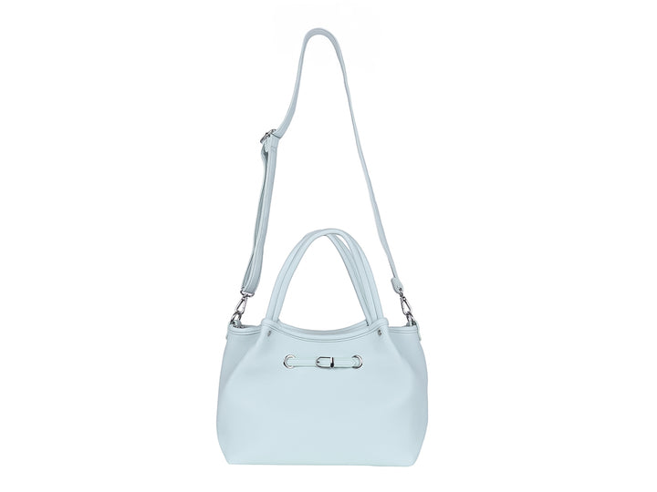 Bolsa de hombro Unibella en color azul pastel con asas dobles y detalles metálicos plateados.
