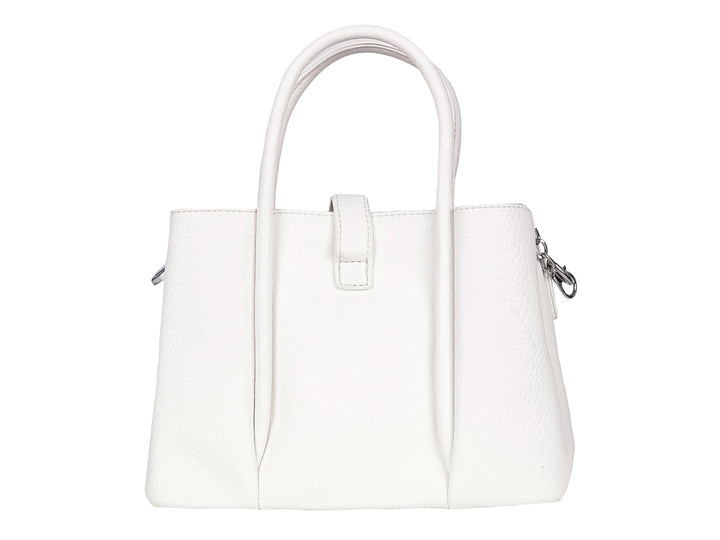 Bolso de mano color blanco con asas y un detalle metálico plateado en el centro.