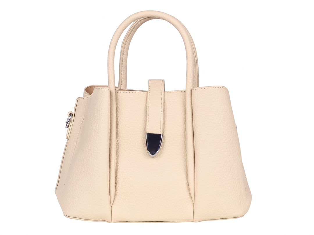 Bolso de mano color khaki con asas superiores y detalle metálico en el frente.