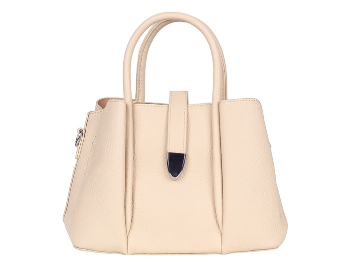 Bolso de mano color khaki con asas superiores y detalle metálico en el frente.