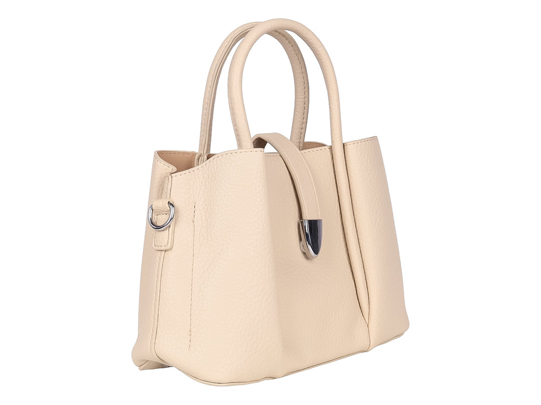 Bolso de mano color khaki con asas superiores y detalle metálico en el frente.
