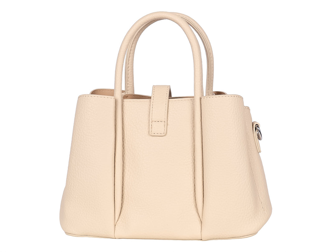 Bolso de mano color khaki con asas superiores y detalle metálico en el frente.