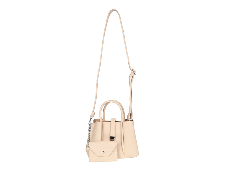 Bolso de mano color khaki con asas superiores y detalle metálico en el frente.