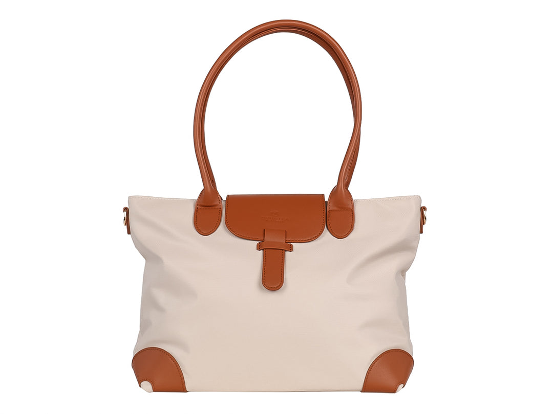Bolsa de hombro Unibella color beige con asas y detalles decorativos en color marrón.