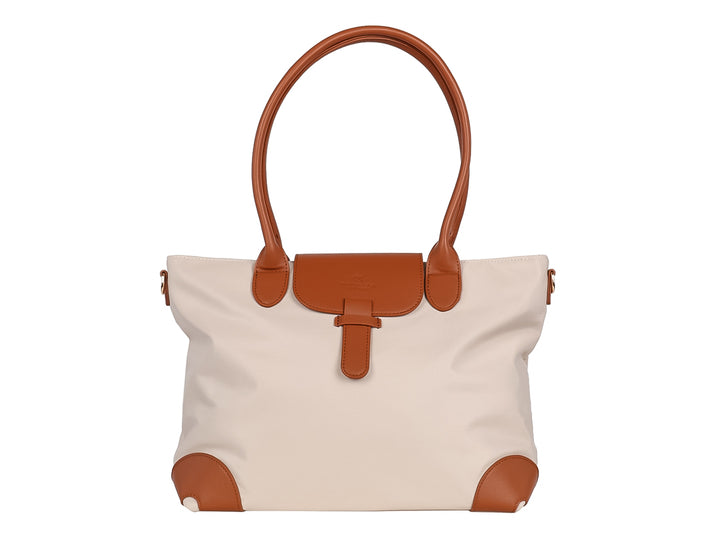 Bolsa de hombro Unibella color beige con asas y detalles decorativos en color marrón.