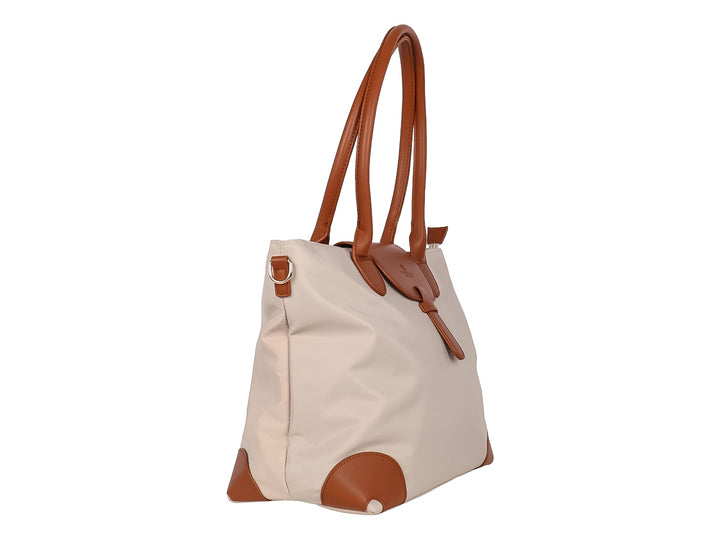 Bolsa de hombro Unibella color beige con asas y detalles decorativos en color marrón.