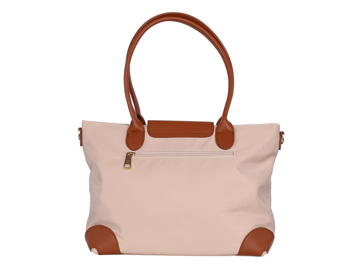 Bolsa de hombro Unibella color beige con asas y detalles decorativos en color marrón.