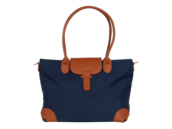 Bolsa de hombro azul con asas y detalles decorativos en color café, estilo casual.
