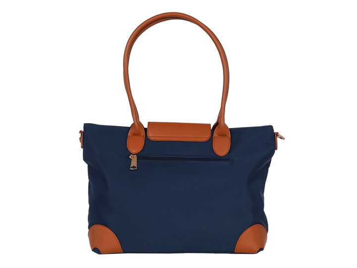 Bolsa de hombro azul con asas y detalles decorativos en color café, estilo casual.