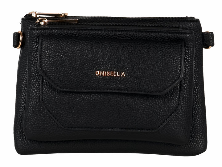 Bolso pequeño de hombro color negro con textura rugosa, cierre dorado y logotipo Unibella en el frente.