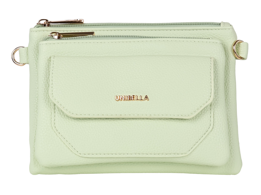 Bolso pequeño de color verde menta marca UNIBELLA con múltiples compartimentos y cierres dorados.