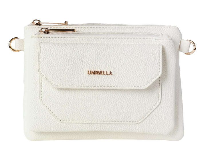 Bolso pequeño de color blanco con textura rugosa, cierres y herrajes en tono dorado y marca Unibella al frente.