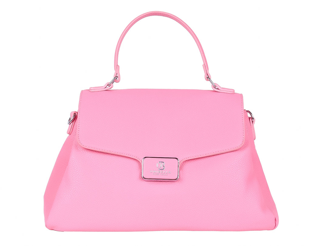 Bolso de mano color rosa vibrante con asa superior y placa metálica central.