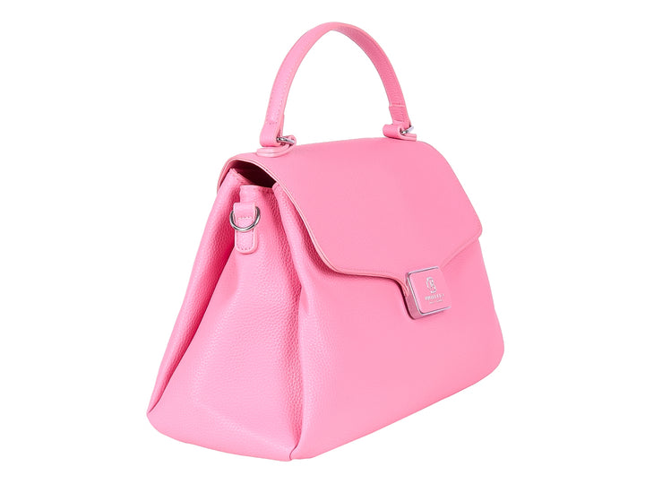 Bolso de mano color rosa vibrante con asa superior y placa metálica central.