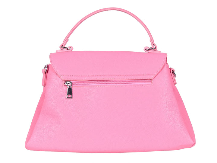 Bolso de mano color rosa vibrante con asa superior y placa metálica central.