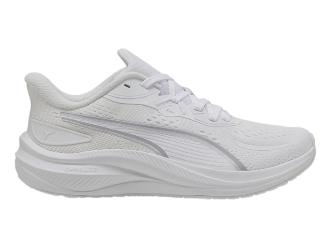 Tenis deportivos PUMA Skyrocket Lite 2 en color blanco con detalles en plata, vista lateral.