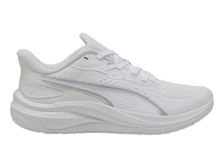 Tenis deportivos PUMA Skyrocket Lite 2 en color blanco con detalles en plata, vista lateral.