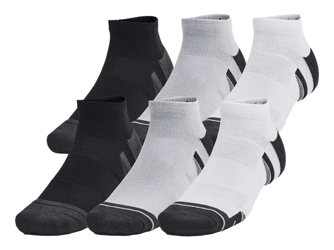 Paquete de 6 calcetines deportivos Under Armour en colores negro, gris y blanco.