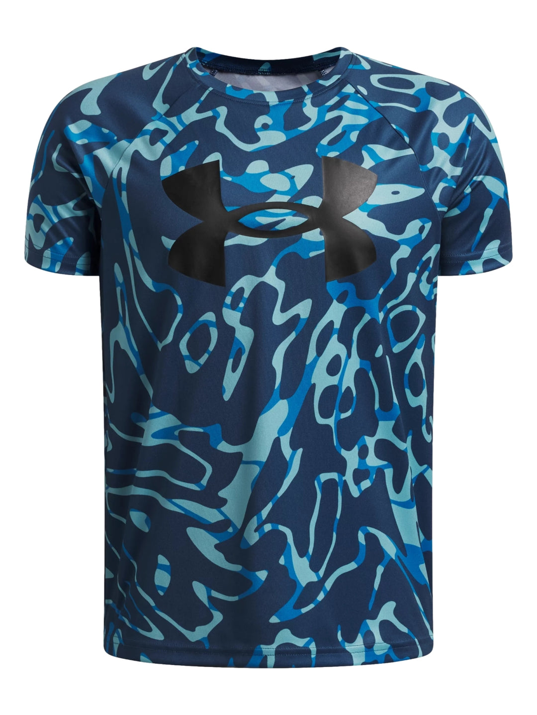 Camiseta deportiva Under Armour de manga corta con estampado de camuflaje en tonos azules y logo negro frontal.