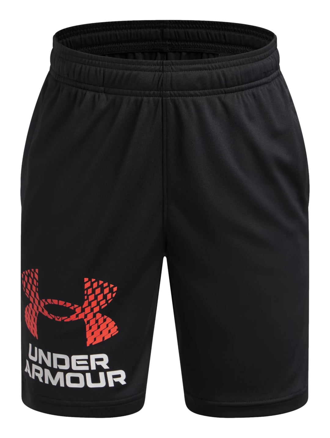 Shorts deportivos negros de Under Armour con logo en color rojo y blanco en la pierna izquierda.