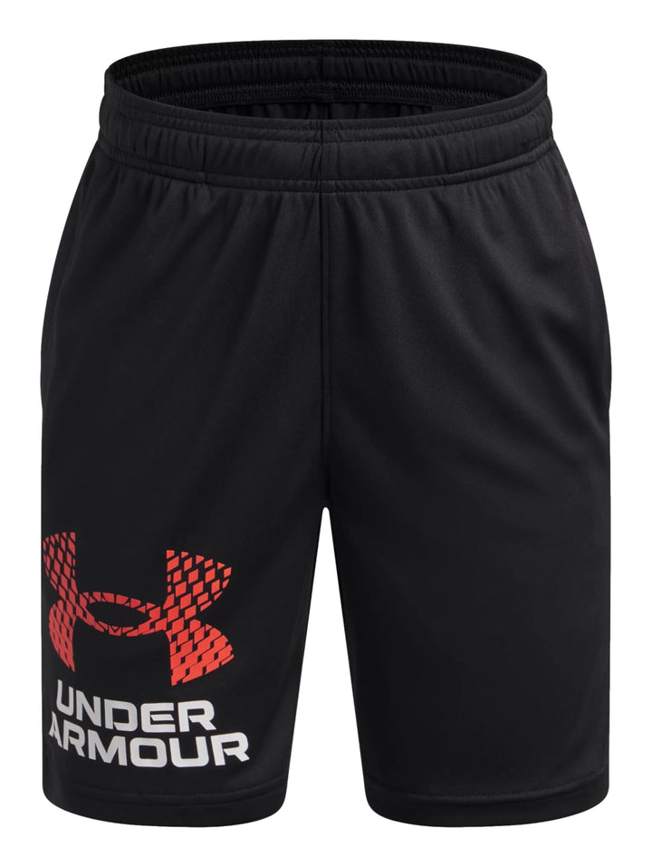 Shorts deportivos negros de Under Armour con logo en color rojo y blanco en la pierna izquierda.