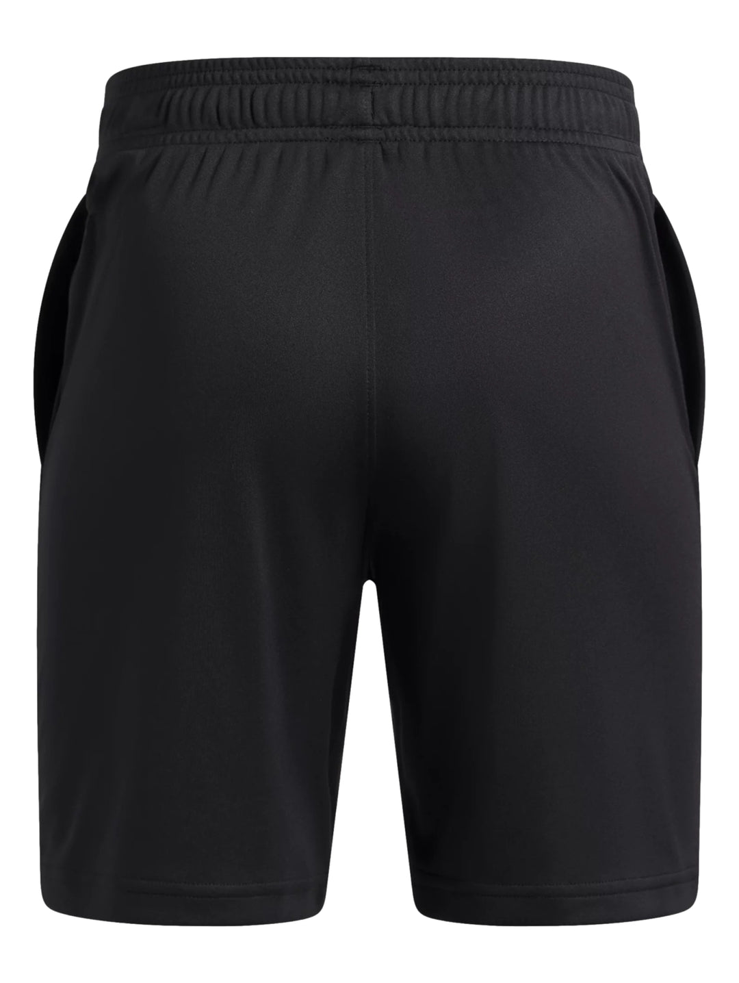 Shorts deportivos negros de Under Armour con logo en color rojo y blanco en la pierna izquierda.
