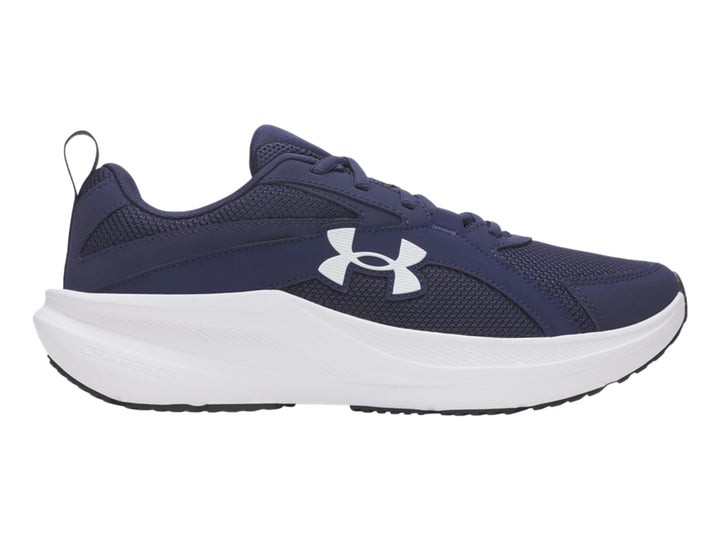 Tenis deportivos Under Armour color azul con suela blanca y logotipo blanco.