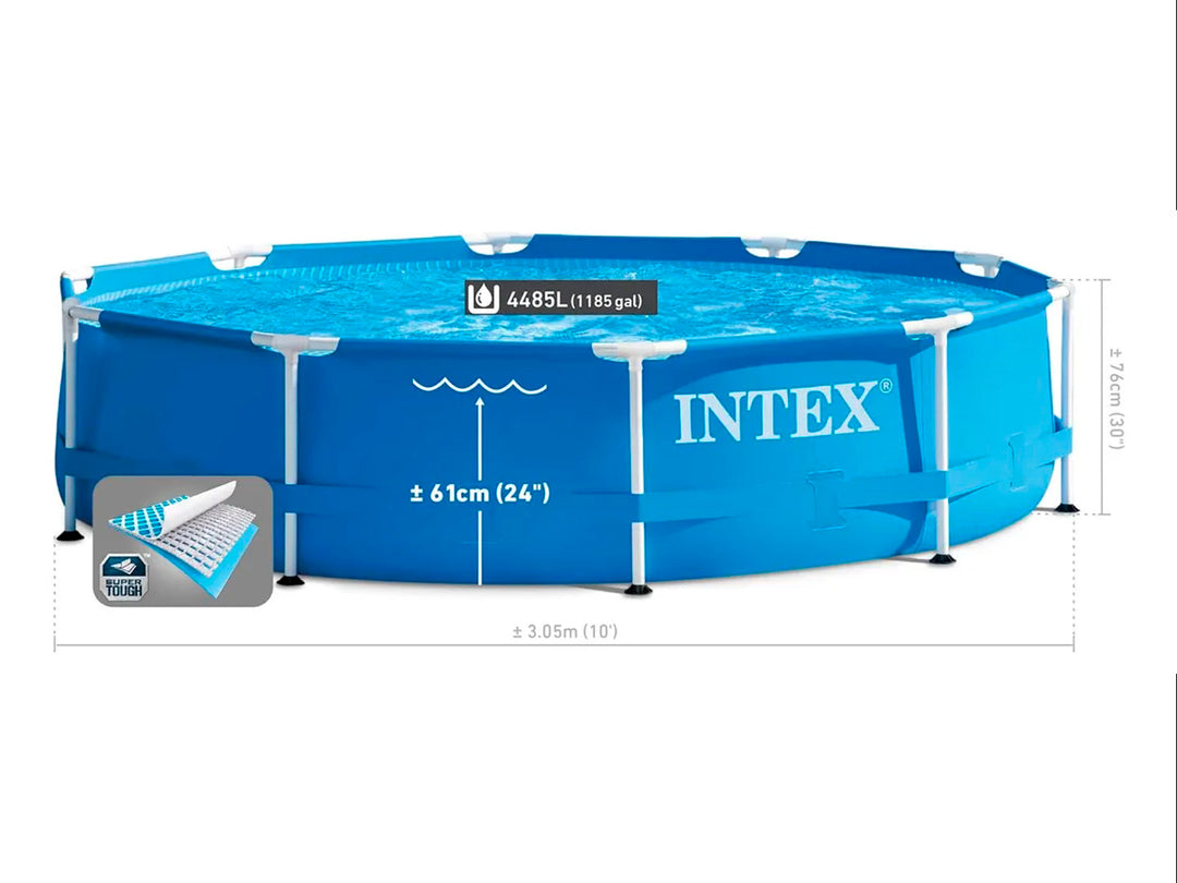 Alberca circular azul INTEX con estructura blanca y bomba de filtrado.