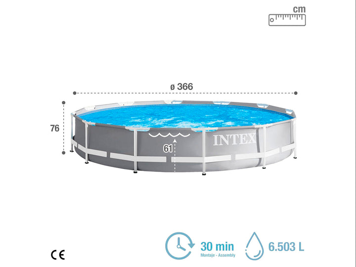 Alberca circular Intex de color gris con estructura blanca y agua azul en su interior.