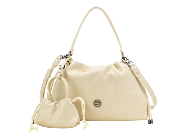 Bolso de hombro Cloe color amarillo pálido con diseño fruncido y un pequeño monedero coordinado.
