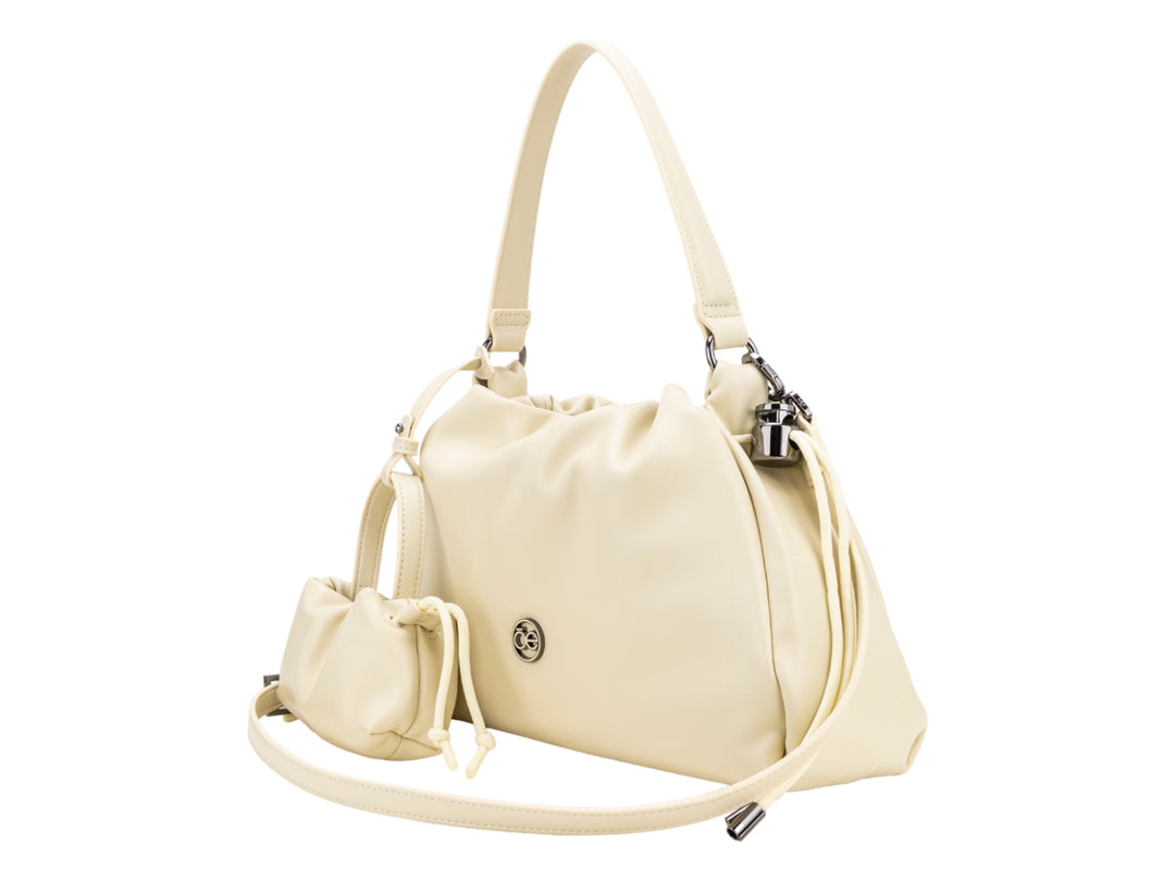Bolso de hombro Cloe color amarillo pálido con diseño fruncido y un pequeño monedero coordinado.