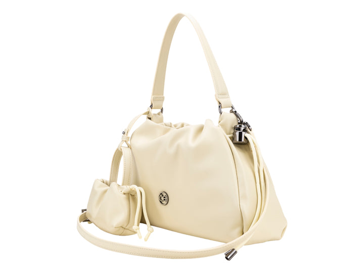 Bolso de hombro Cloe color amarillo pálido con diseño fruncido y un pequeño monedero coordinado.