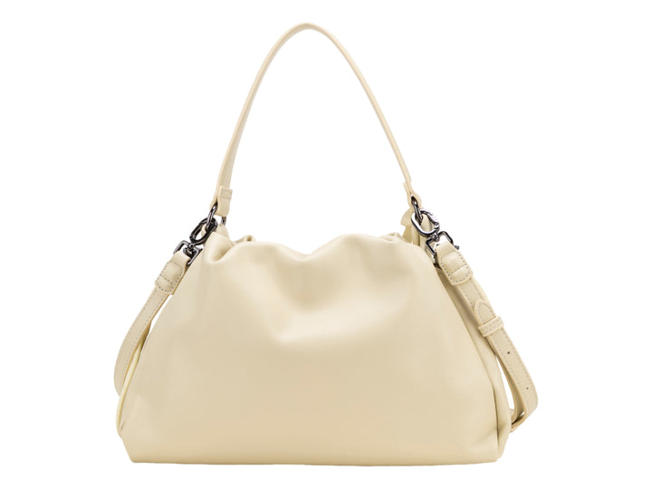 Bolso de hombro Cloe color amarillo pálido con diseño fruncido y un pequeño monedero coordinado.