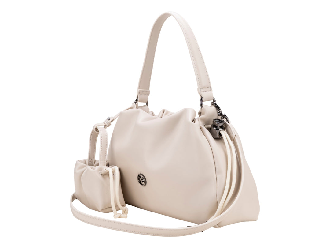 Set de bolso de hombro y monedero pequeño en color beige de la marca CLOE con acabado liso.