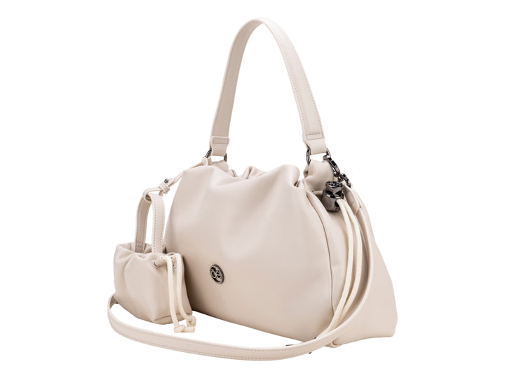 Set de bolso de hombro y monedero pequeño en color beige de la marca CLOE con acabado liso.