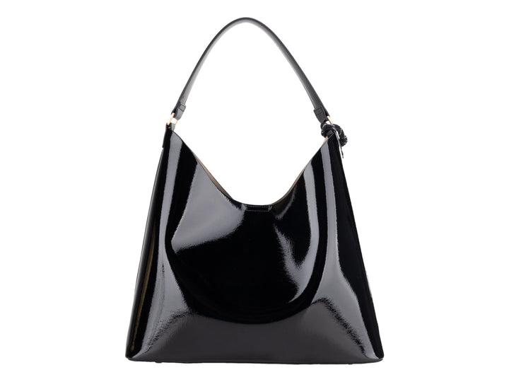 Bolsa de hombro Cloe en color negro con acabado brillante tipo charol y asa sencilla.