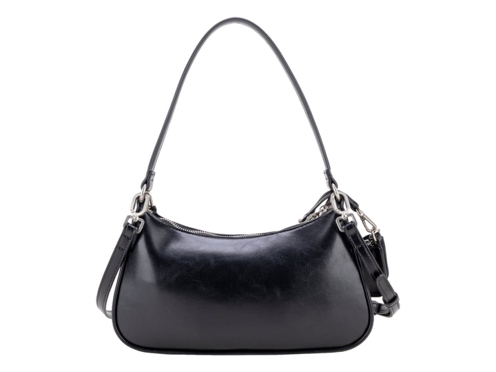 Bolsa de hombro Cloe color negro con acabado brillante, cadena decorativa y un pequeño bolso complementario.