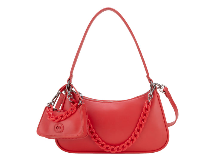 Bolso de hombro Cloe en color rosa con detalle de cadena y un mini bolso coordinado colgando.