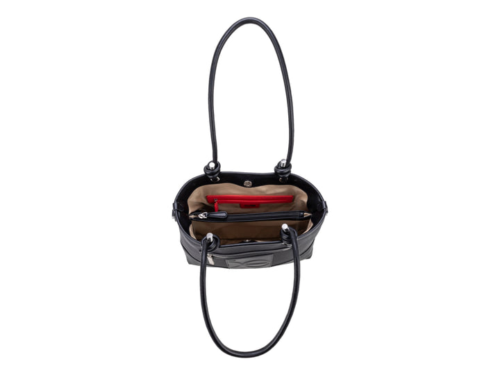 Bolsa de hombro Cloe color negro con asa larga, correa desmontable y detalle de logo en relieve al frente.