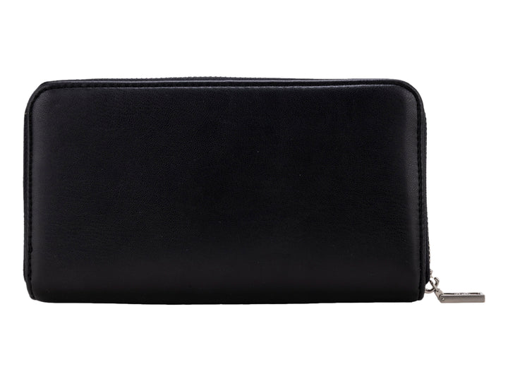Cartera Cloe de color negro con cierre perimetral y logotipo grabado en el centro.