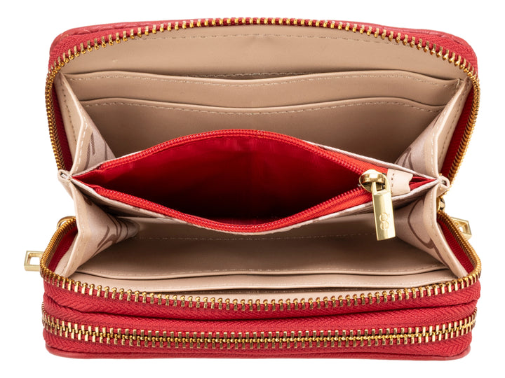 Bolso estilo cartera color rojo con textura grabada en la parte inferior y detalle metálico dorado frontal.