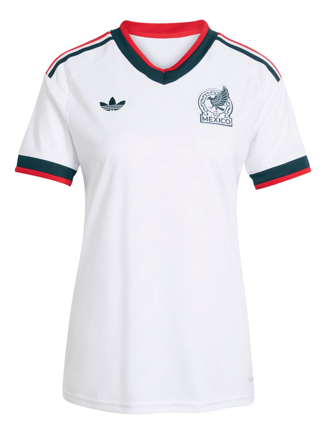 Jersey blanco de la Selección Mexicana de Fútbol con detalles en verde y rojo de la marca Adidas.