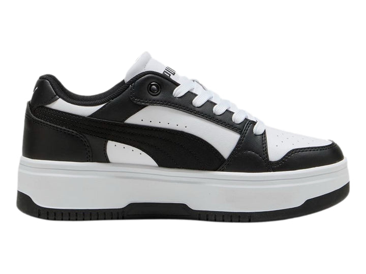 Tenis PUMA Rebound Femme Low en colores blanco y negro con suela de plataforma blanca.