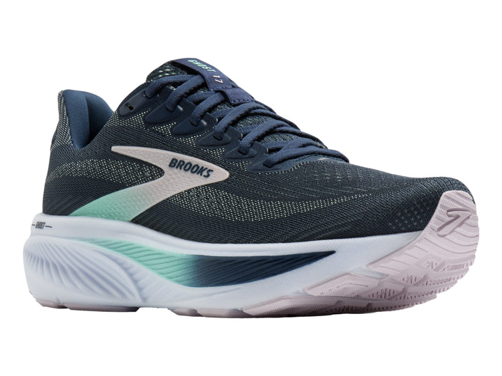 Tenis deportivos Brooks Ghost 17 color azul oscuro con suela blanca y detalles en verde menta.